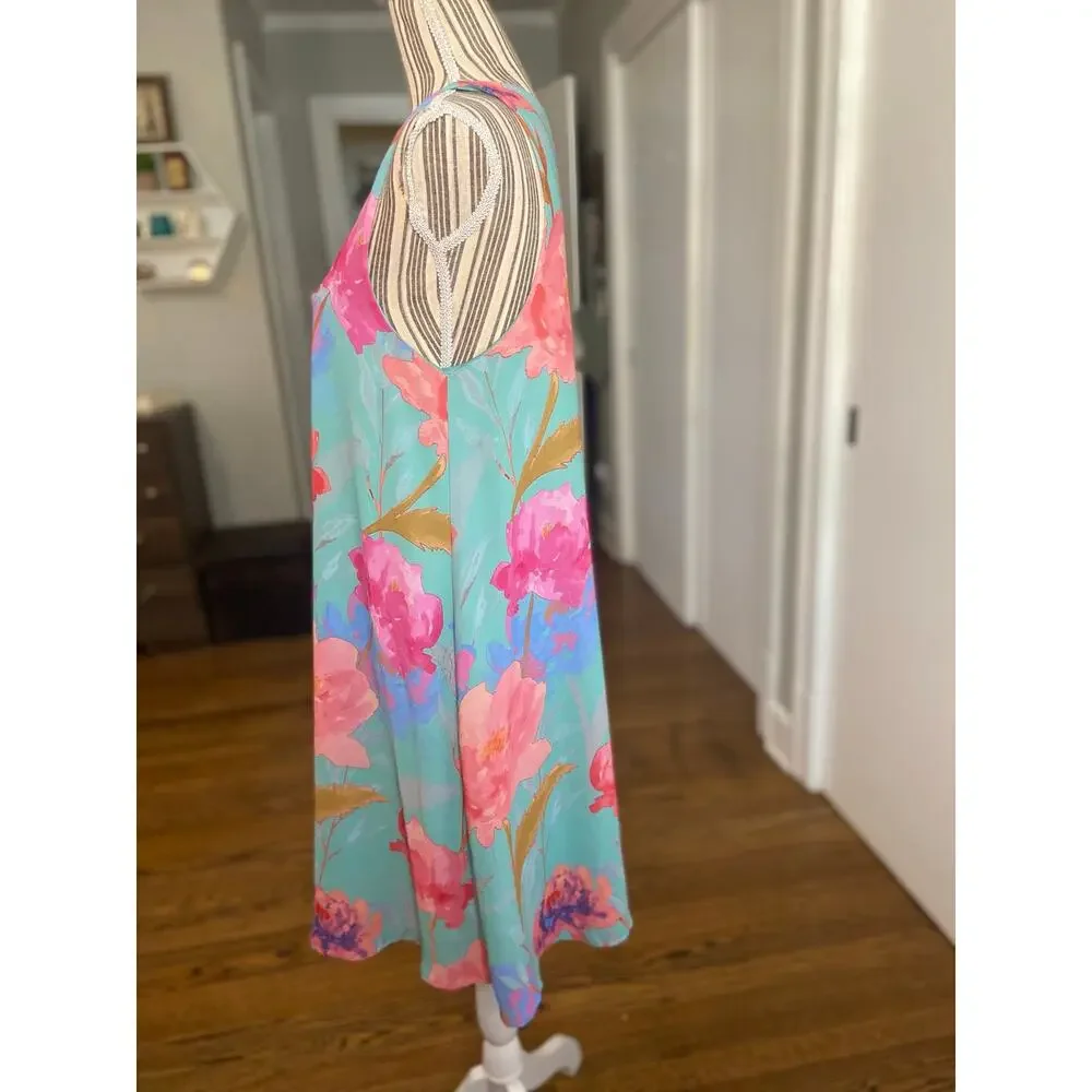 Everly torquoise tropical print sleeveless chiffon overlay dress